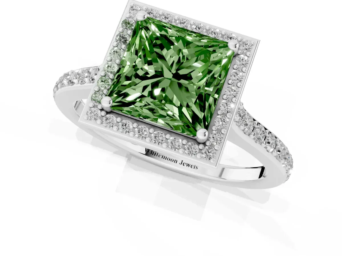 Fancy Green Princess Cut Diamond Halo Engagement Ring with Round Pavé Shoulders and Prong Setting Silver