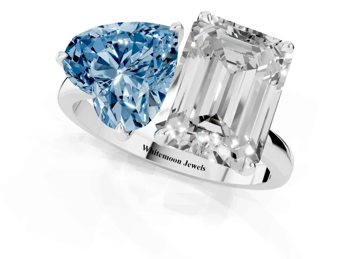 Fancy Blue Heart Cut and Emerald Cut Toi Moi Ring with Prong Setting Silver