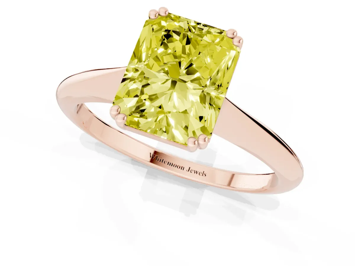 Fancy Yellow Radiant Cut Solitaire Diamond Ring with Six-Prong Setting and Classic Band Rose gold