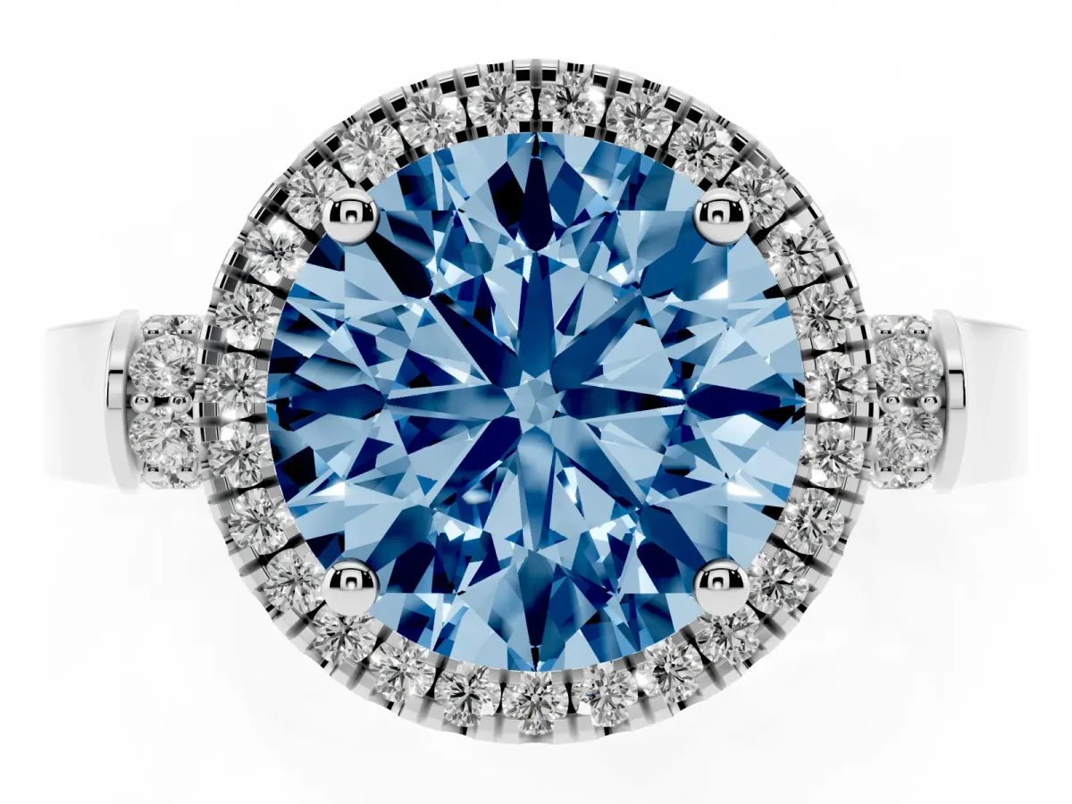 Fancy Blue Round Cut Halo Round Diamond Twist Band with Four-Prong Setting Platinum