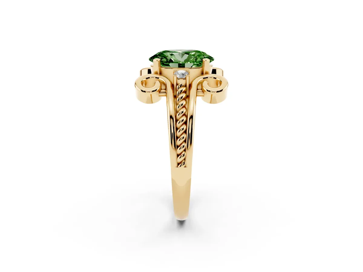 Fancy Green Oval Cut Solitaire Twisted Band Scroll Prong Ring Yellow gold