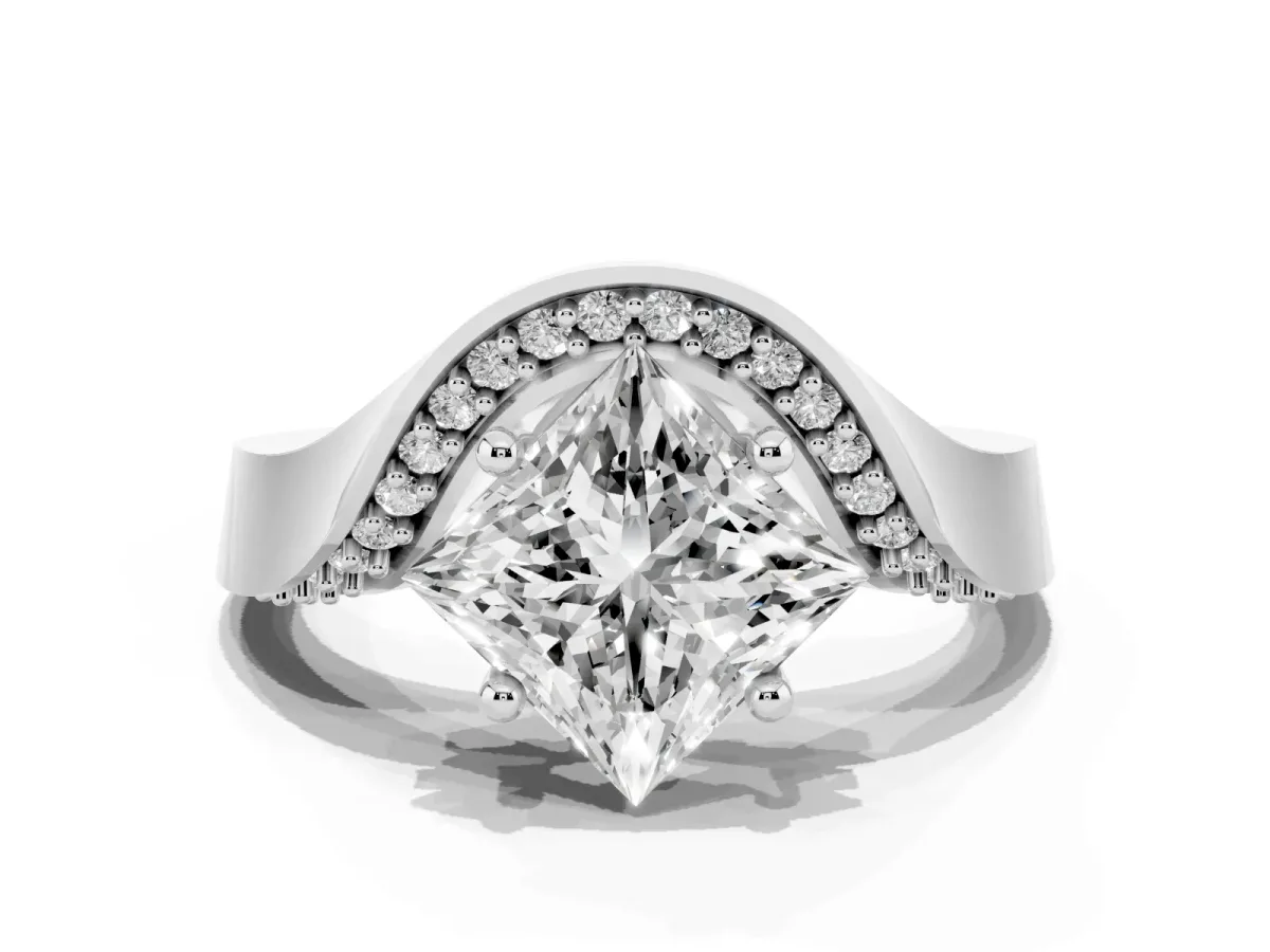 Princess Cut Solitaire Diamond Engagement Ring with Pave Band and Four-Prong Setting Silver