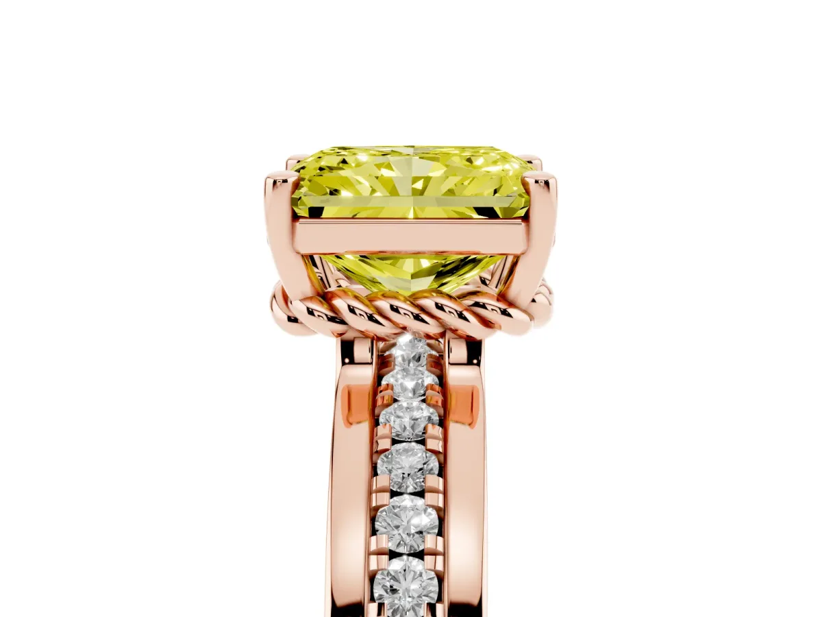 Fancy Yellow Radiant Cut Solitaire Diamond Ring with Channel Set Band and Six-Prong Setting Rose gold