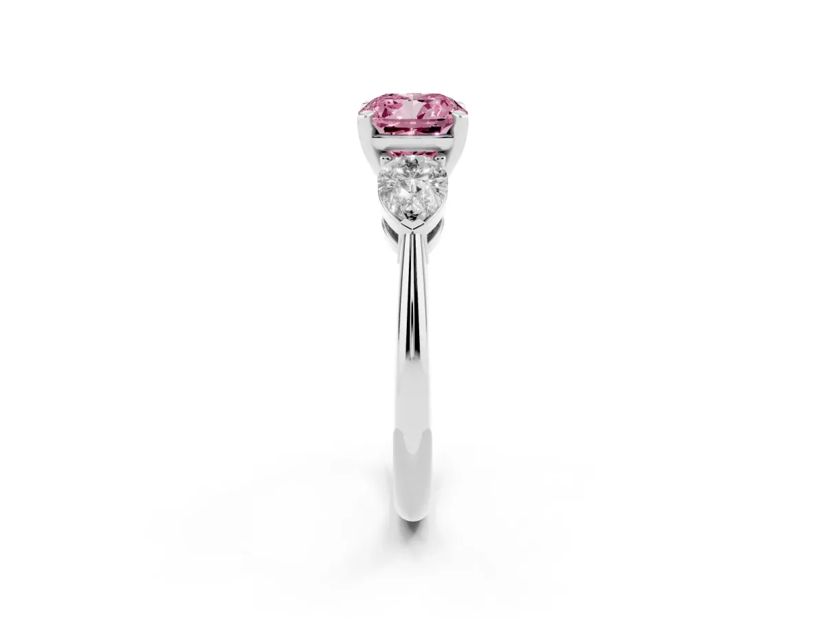 Fancy Pink Three-Stone Cushion Cut Diamond Ring with Pear Side Stones and Four-Prong Setting Silver