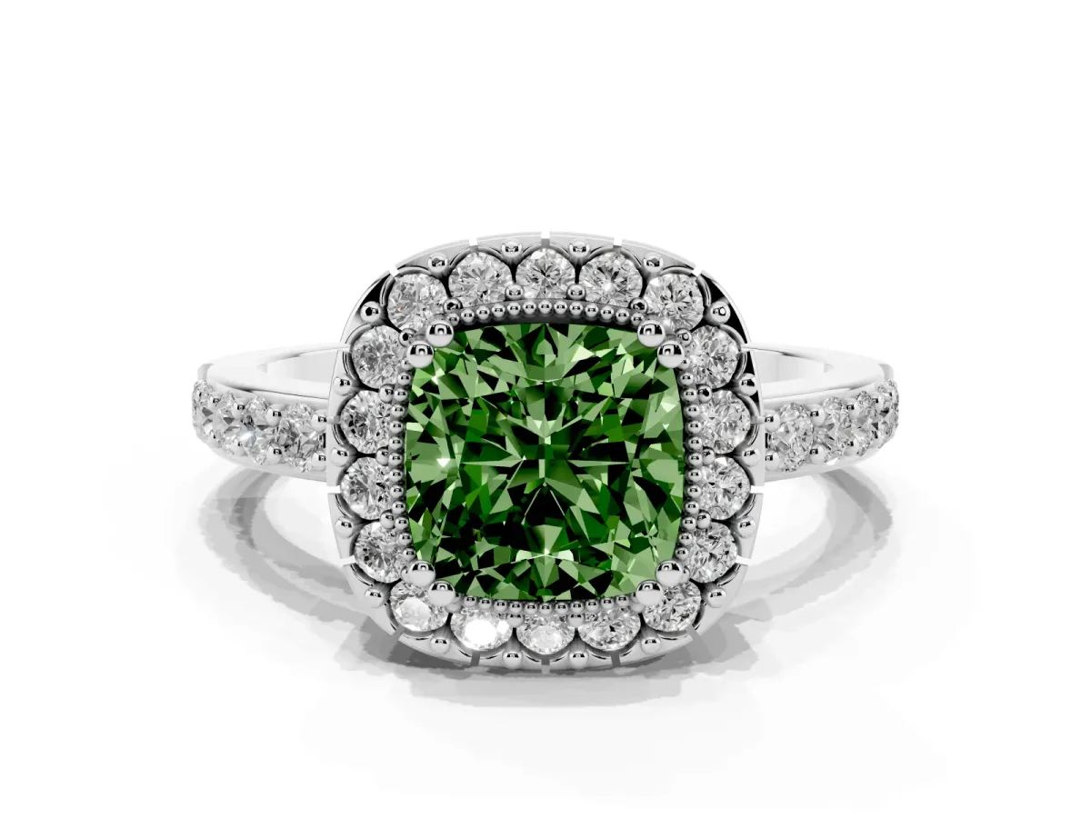 Fancy Green Cushion Cut Diamond Halo Ring with Pavé Band and Prong Setting Silver