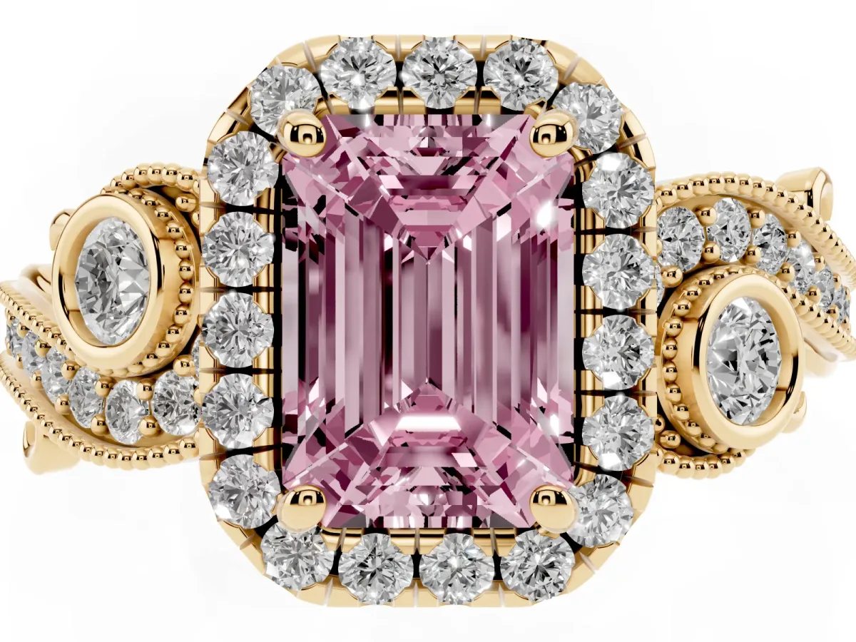 Fancy Pink Emerald Cut Diamond Halo Ring with Milgrain Pavé Band and Four-Prong Setting Yellow gold