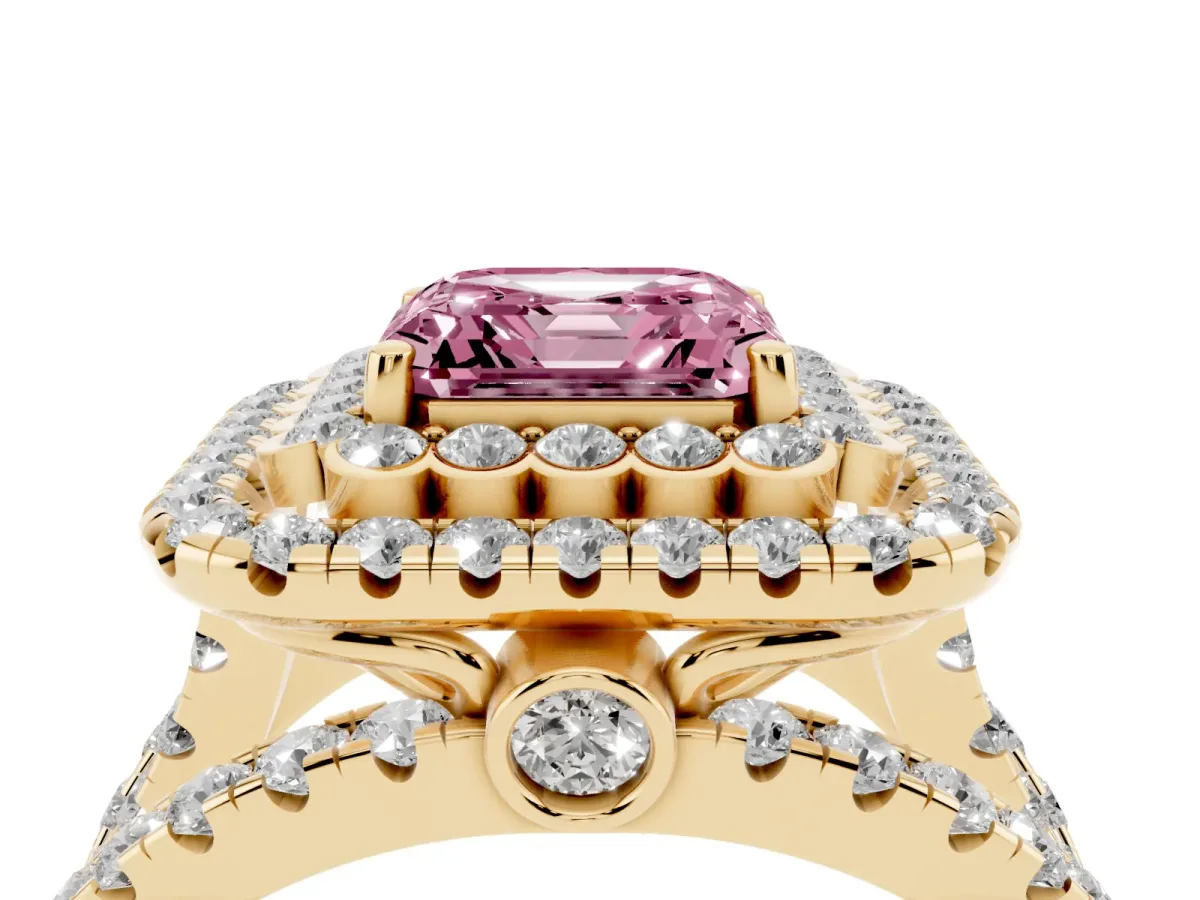 Fancy Pink Asscher Cut Diamond Double Halo Ring with Round Pavé Split Shank and Prong Setting Yellow gold