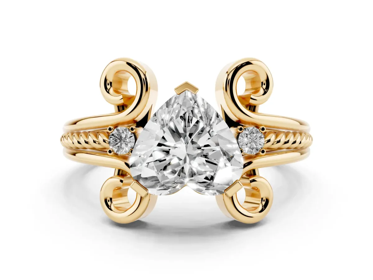 Heart Cut Solitaire Twisted Band Scroll Prong Ring Yellow gold