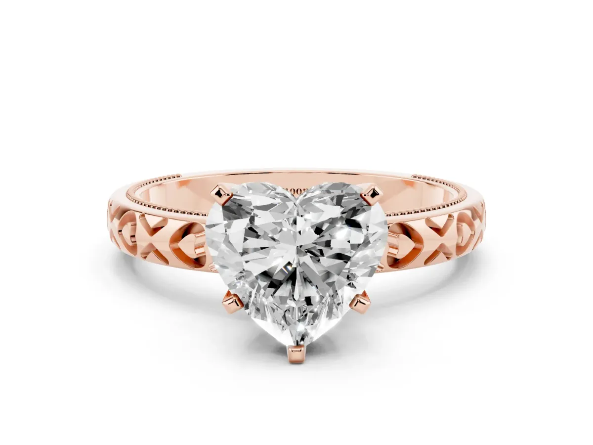 Heart Cut Solitaire Diamond Engagement Ring with XO Engraved Band and Four-Prong Setting Rose gold