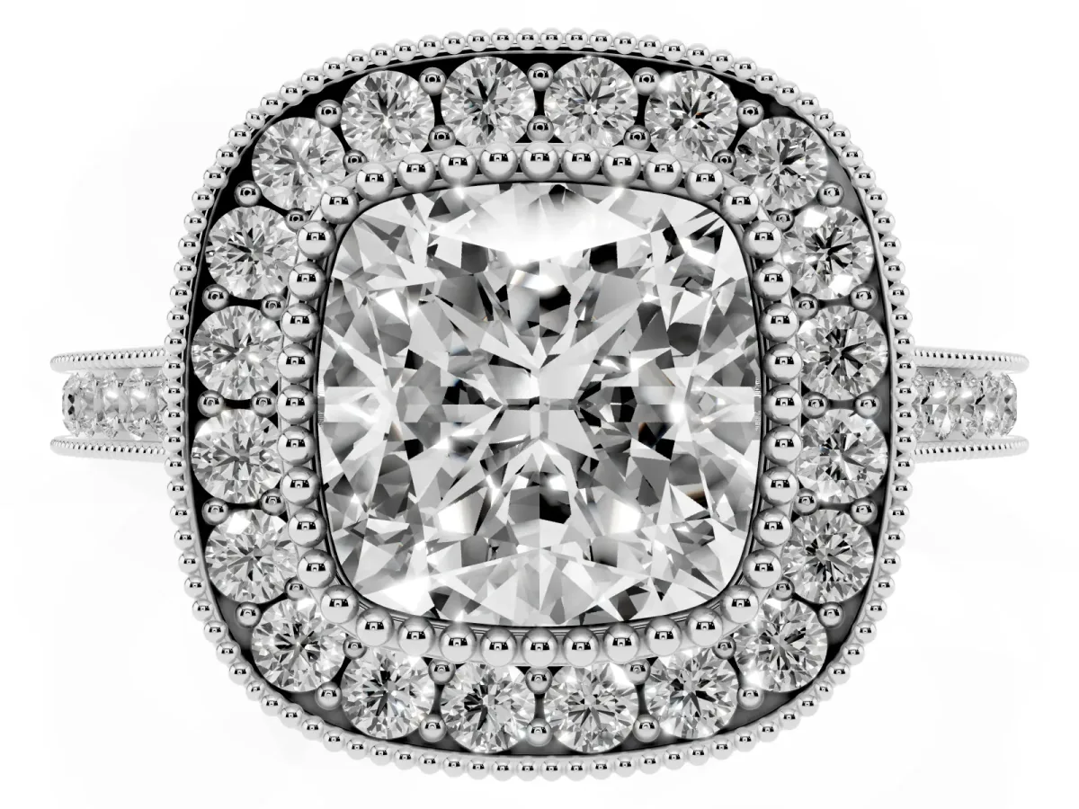 Cushion Cut Diamond Halo Ring with Milgrain Frame and Pavé Band Silver