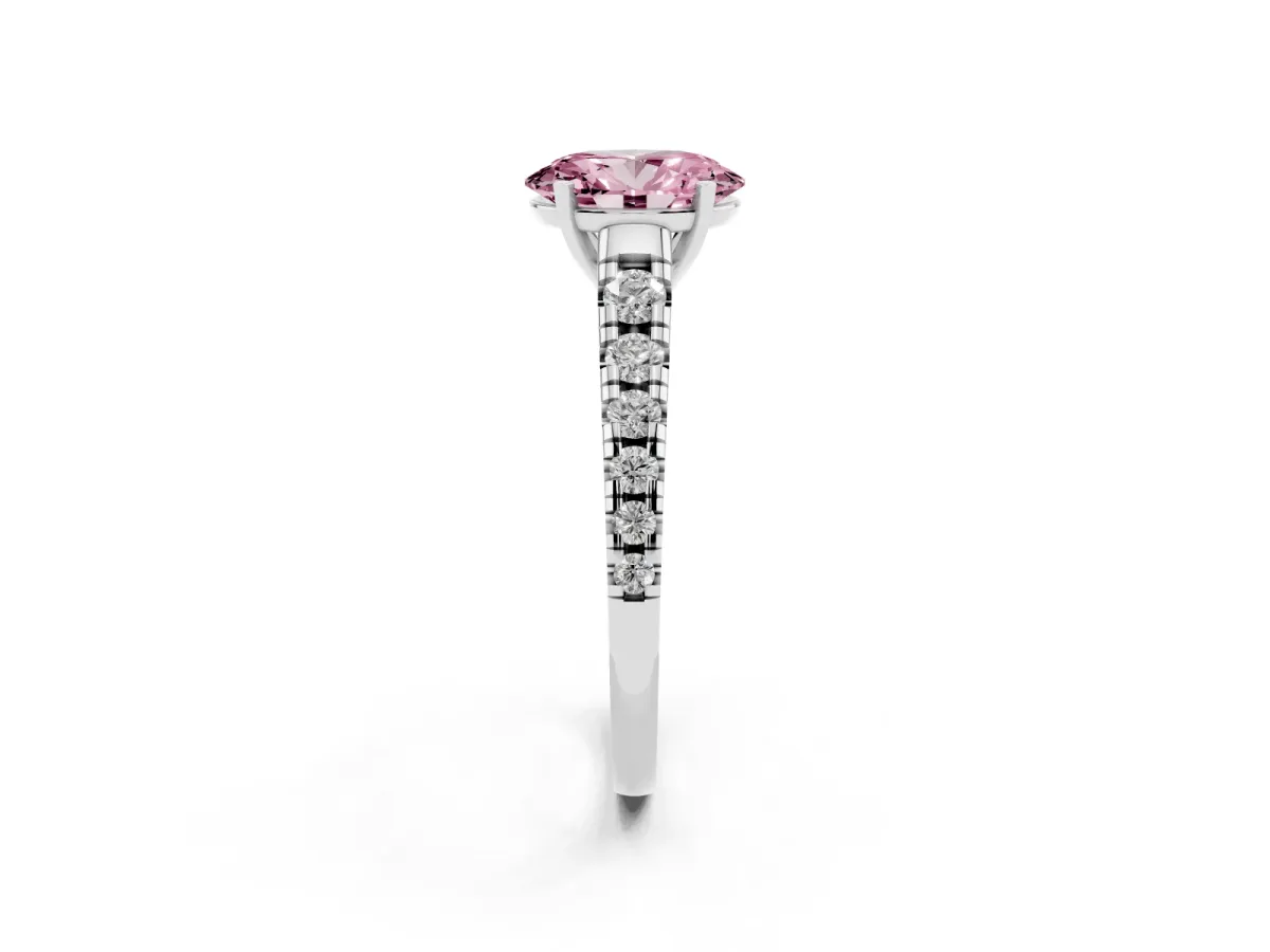 Fancy Pink Oval Cut Diamond Cathedral Solitaire Ring with Round Pavé Band Silver