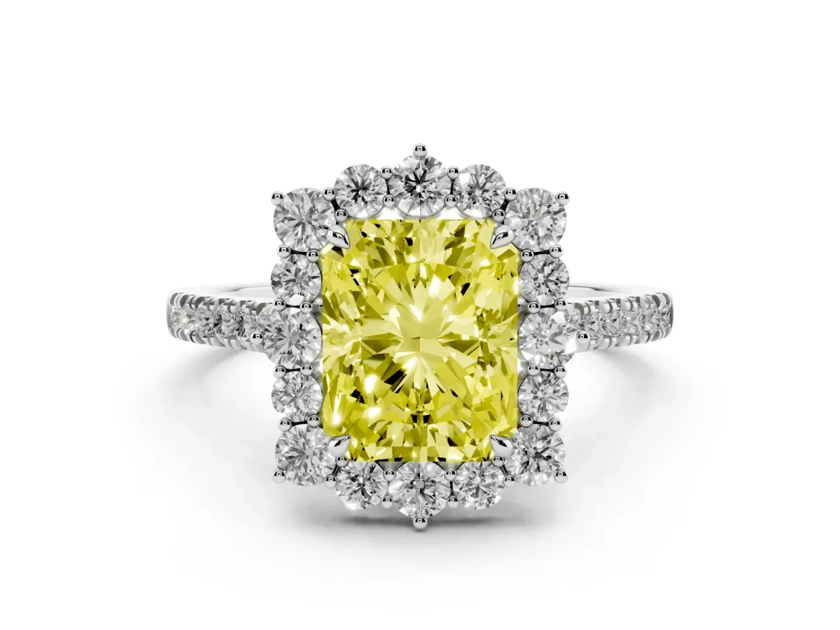 Fancy Yellow Radiant Cut Halo Diamond Ring with Pavé Band and Prong Setting Platinum