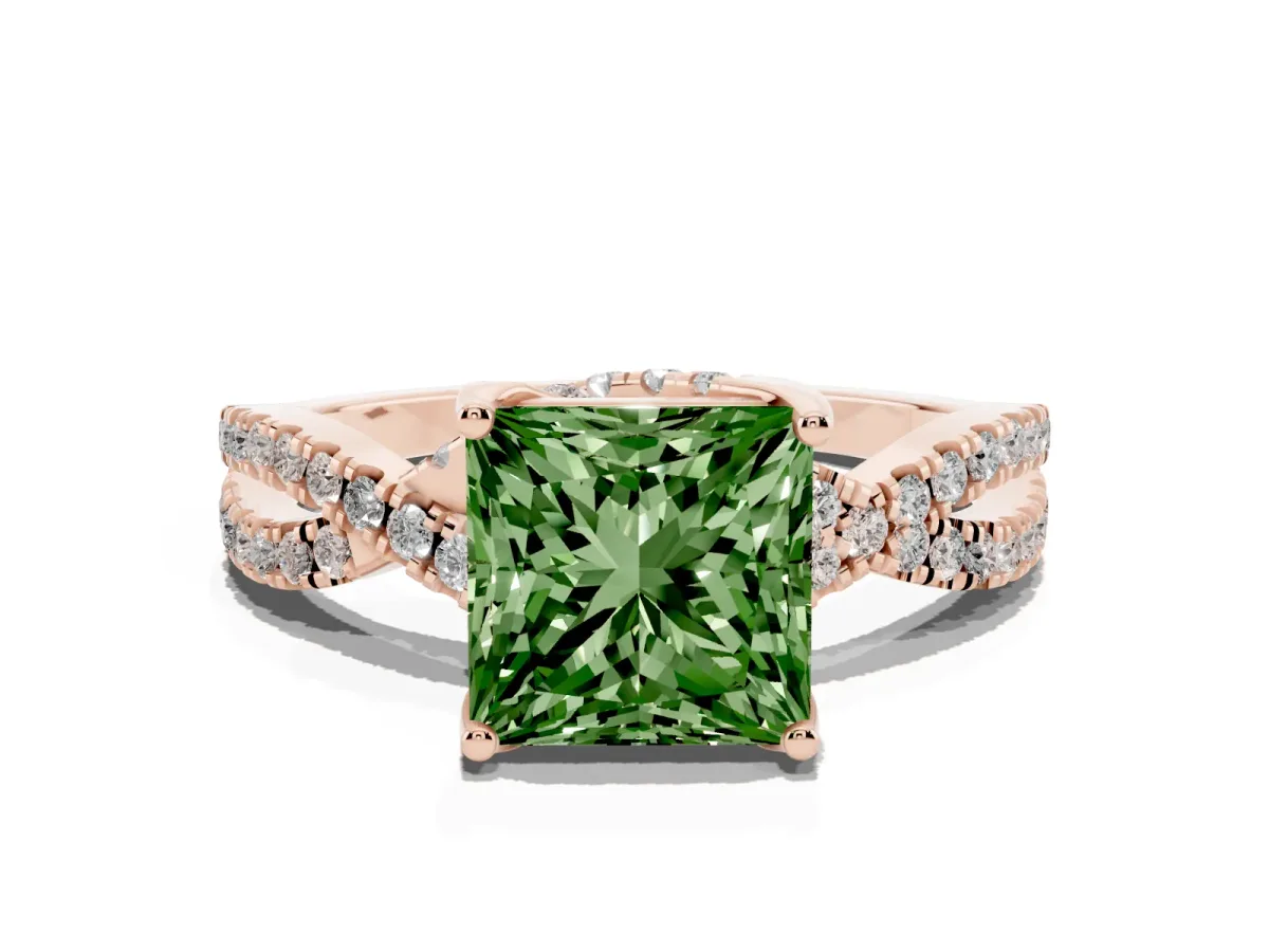 Fancy Green Princess Cut Solitaire Twist Pave Diamond Engagement Ring with Prong Setting Rose gold