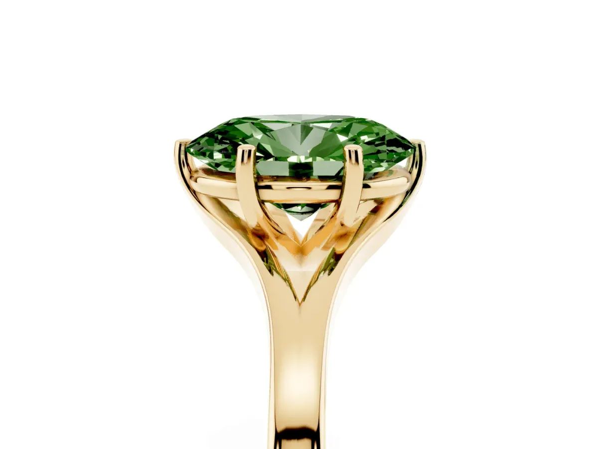 Fancy Green Oval Cut Solitaire Diamond Ring with Six-Prong Setting and Tapered Band Yellow gold