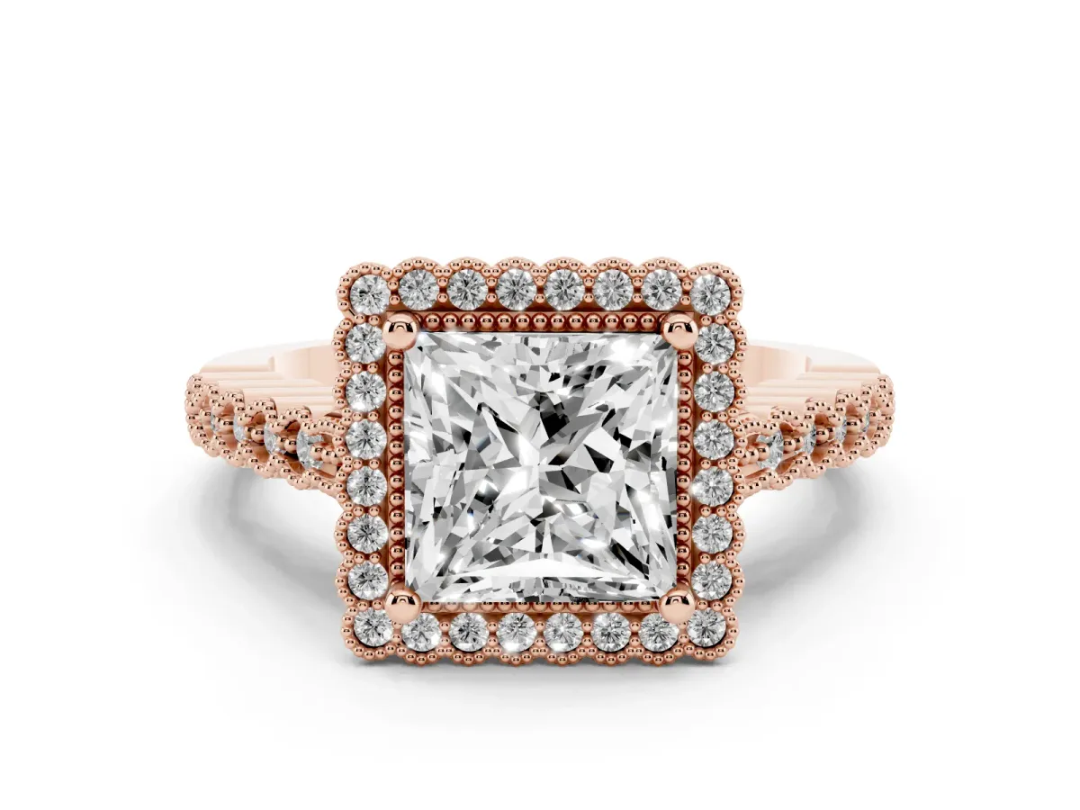 Princess Cut Cut Halo Pavé Solitaire Ring with Milgrain Band Rose gold