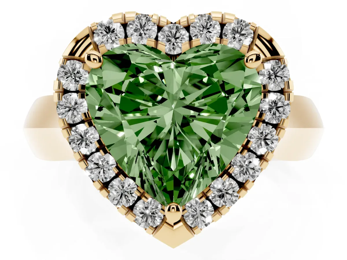 Fancy Green Heart Cut Cut Halo Solitaire Engagement Ring with Square Band and Four-Prong Setting Yellow gold
