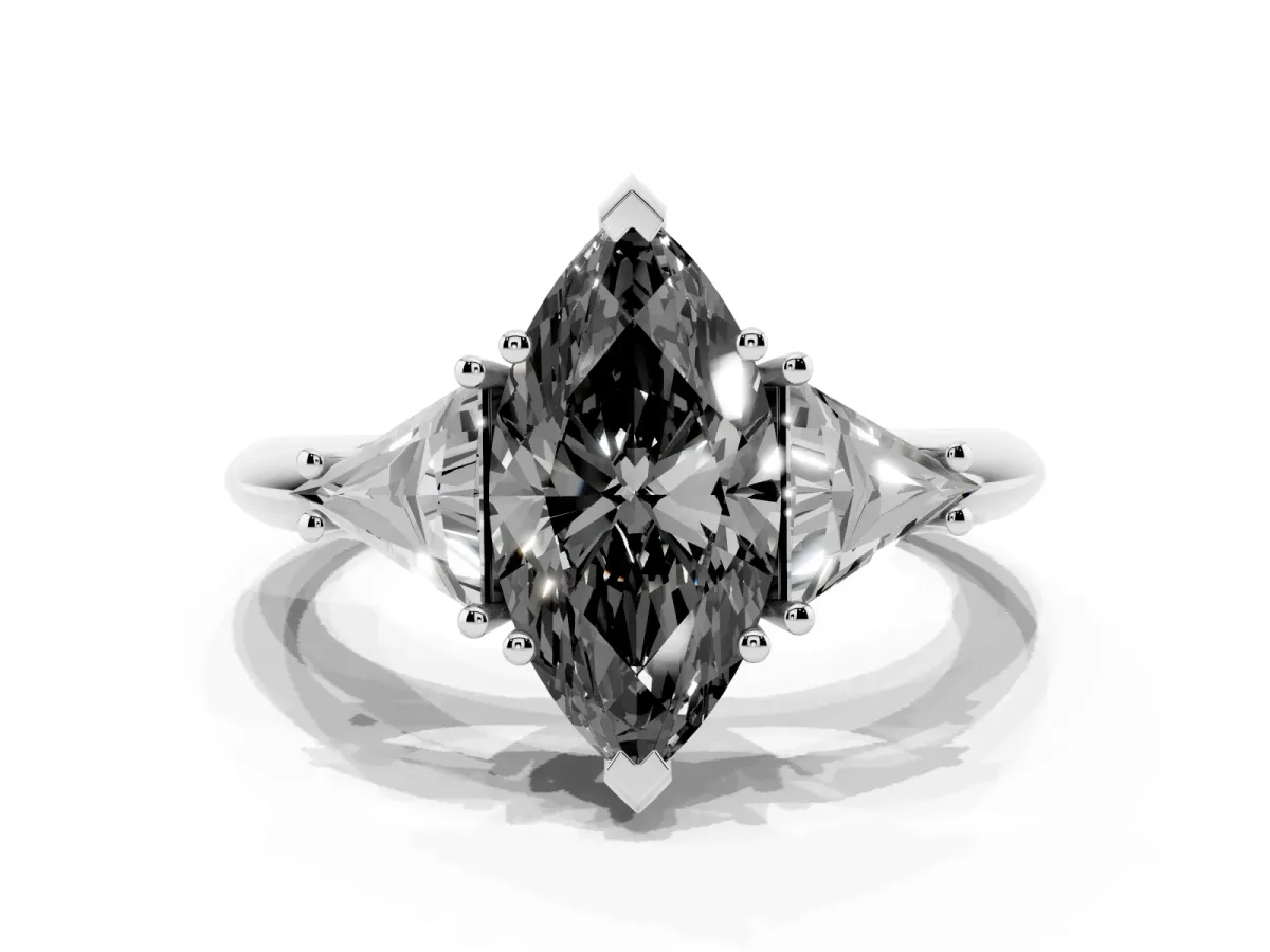 Fancy Black Three-Stone Marquise Cut Diamond Engagement Ring with Trillion Side Stones and Prong Setting Silver