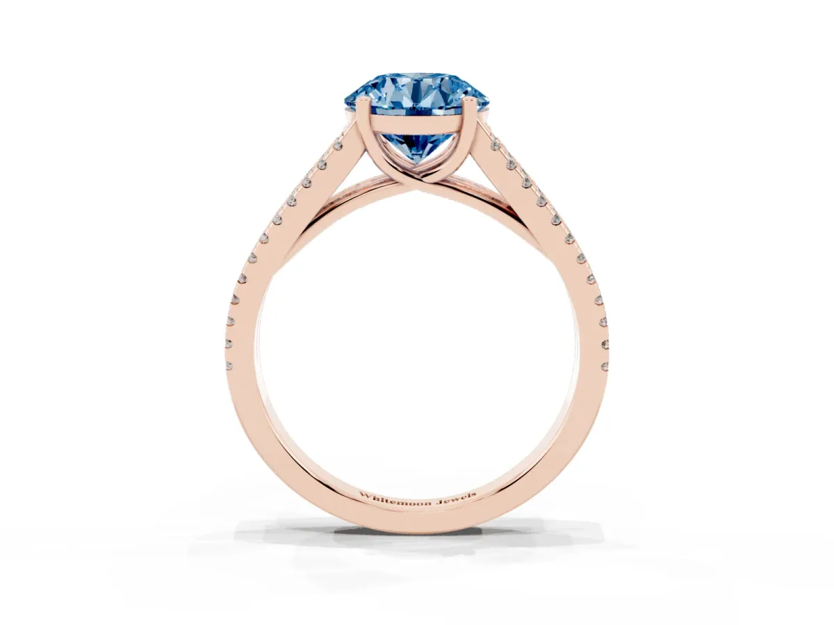 Fancy Blue Round Cut Diamond Solitaire Engagement Ring with Split Shank Pavé Band Rose gold