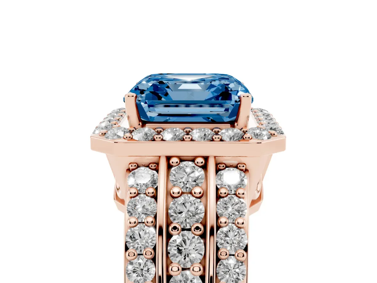 Fancy Blue Asscher Cut Halo Diamond Ring with Round Split Shank and Prong Setting Rose gold