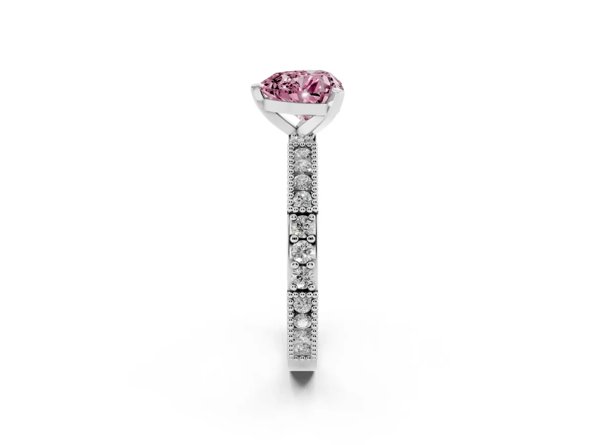 Fancy Pink Heart Cut Solitaire with Pavé Band and Four-Prong Setting Silver