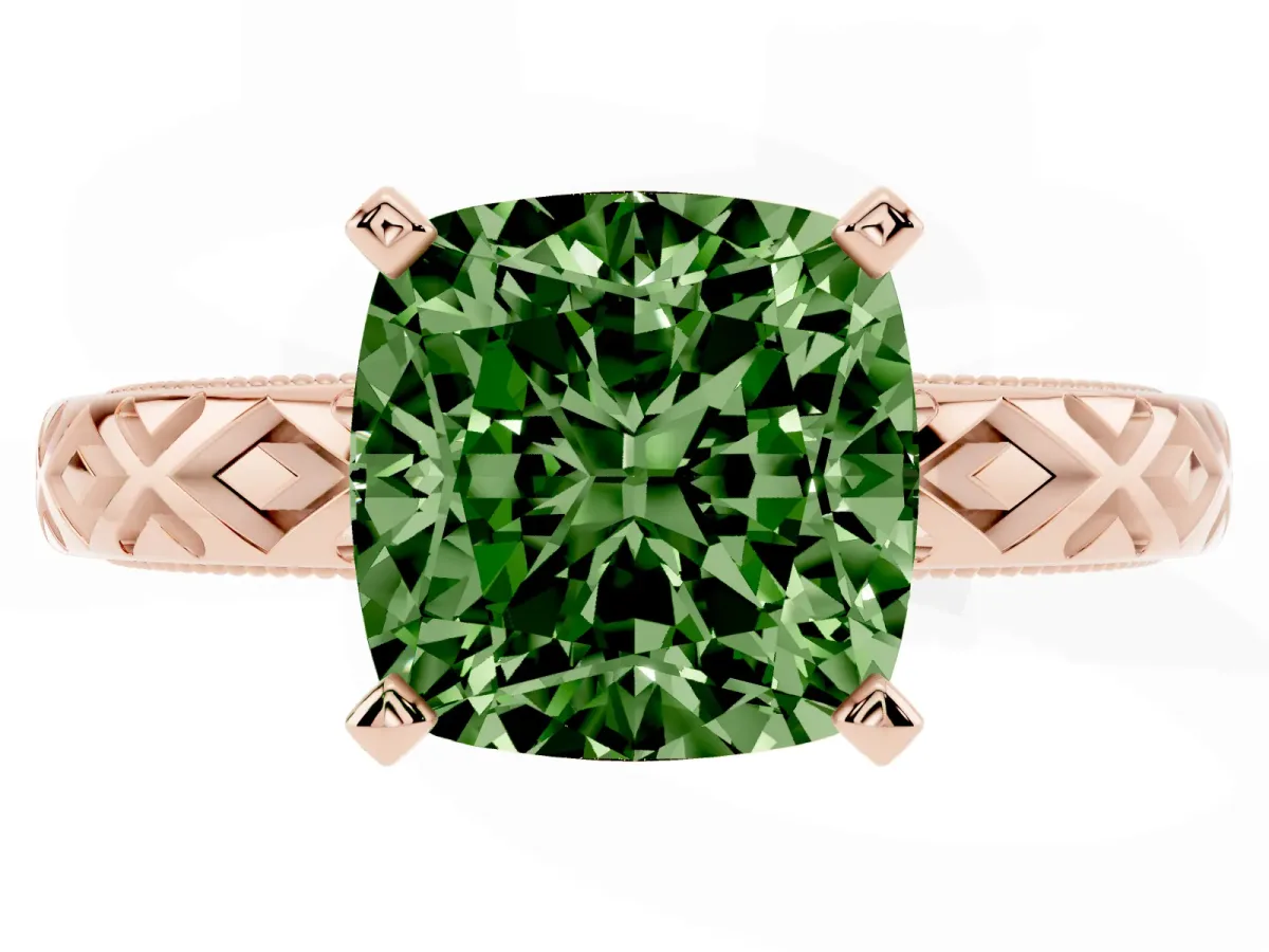 Fancy Green Cushion Cut Solitaire Diamond Ring with Milgrain and Black Enamel X Pattern Band Rose gold