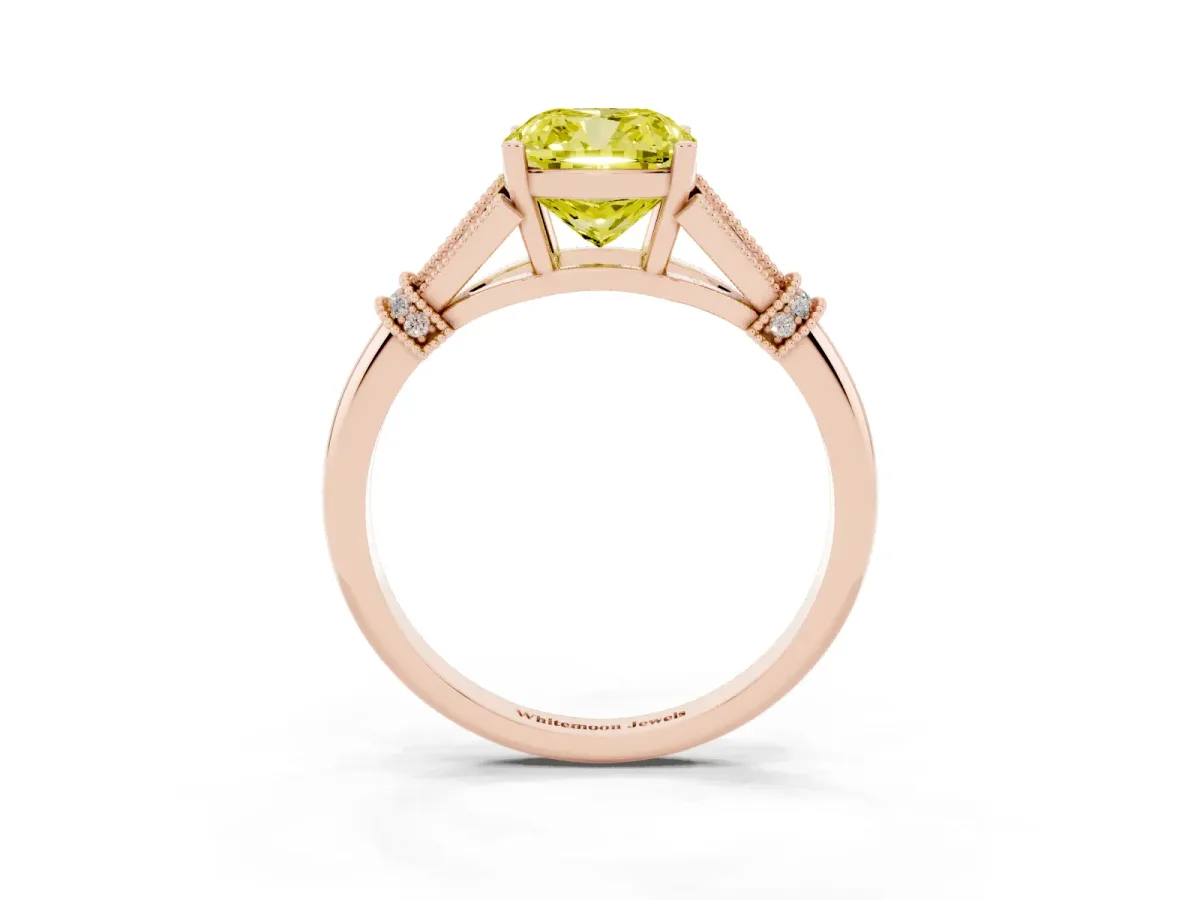 Fancy Yellow Cushion Cut Diamond Solitaire Ring with Floral Filigree and Pave Accents Rose gold