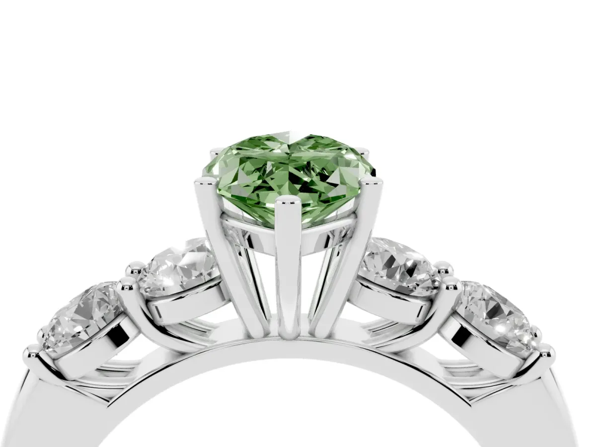 Fancy Green Marquise Cut Cut Five-Stone Prong Set Diamond Ring with Classic Band Silver