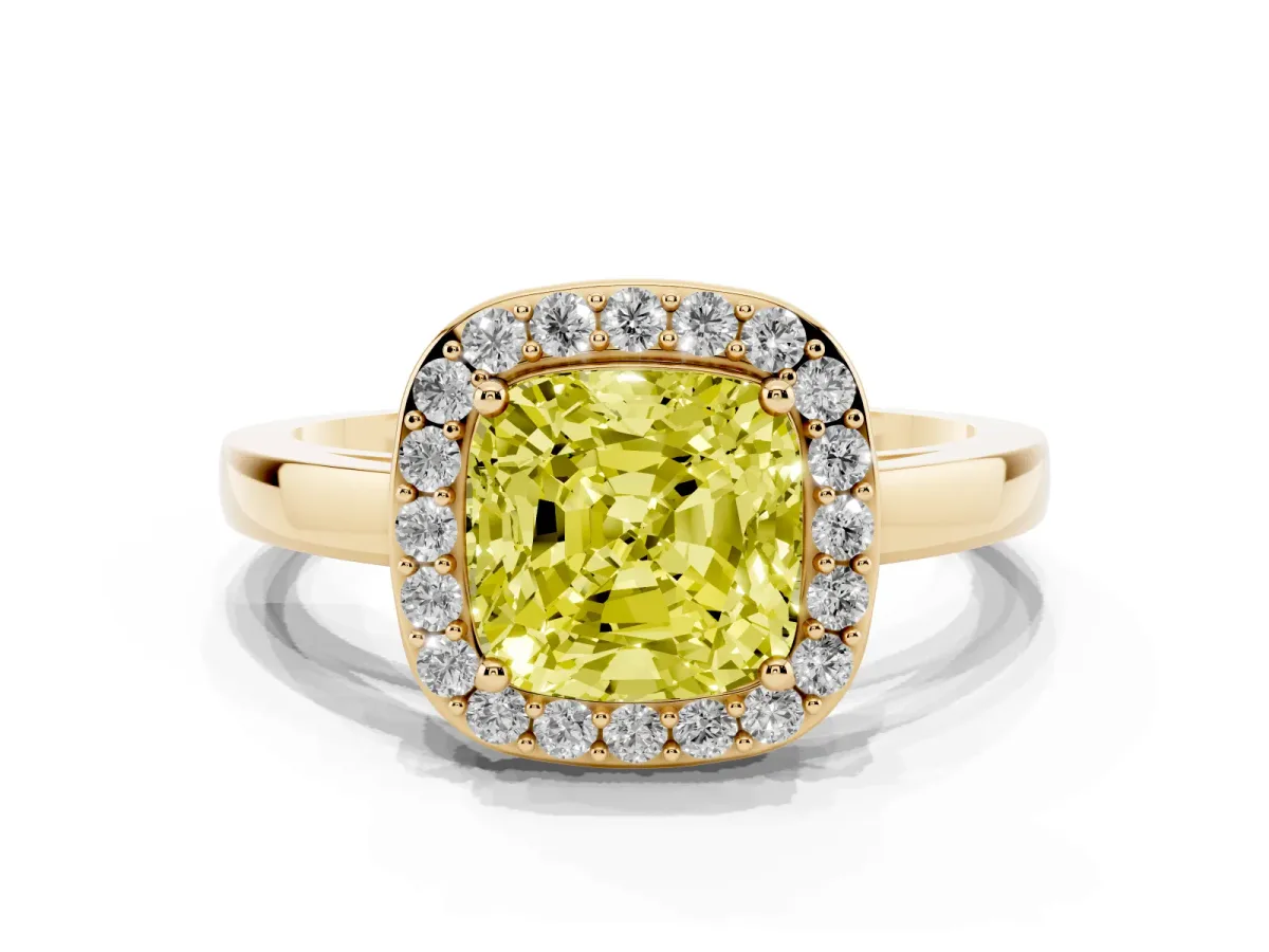 Fancy Yellow Cushion Cut Halo Diamond Ring with Solitaire Band and Prong Setting Yellow gold