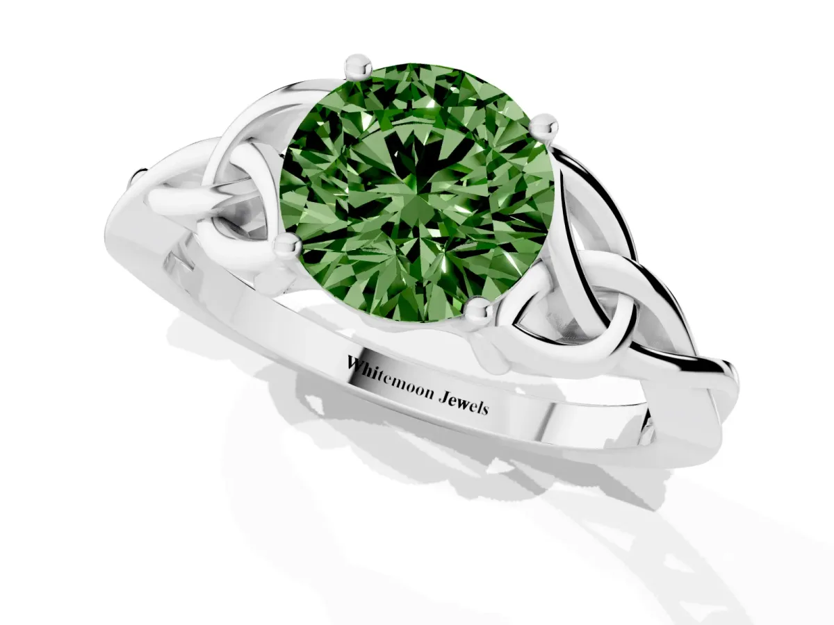 Fancy Green Round Cut Diamond Solitaire Engagement Ring with Celtic Knot Band and Four-Prong Setting Silver