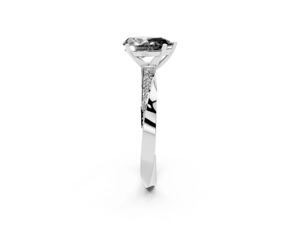 Fancy Black Pear Cut Diamond Engagement Ring with Side Stone Accents and Four-Prong Setting Silver