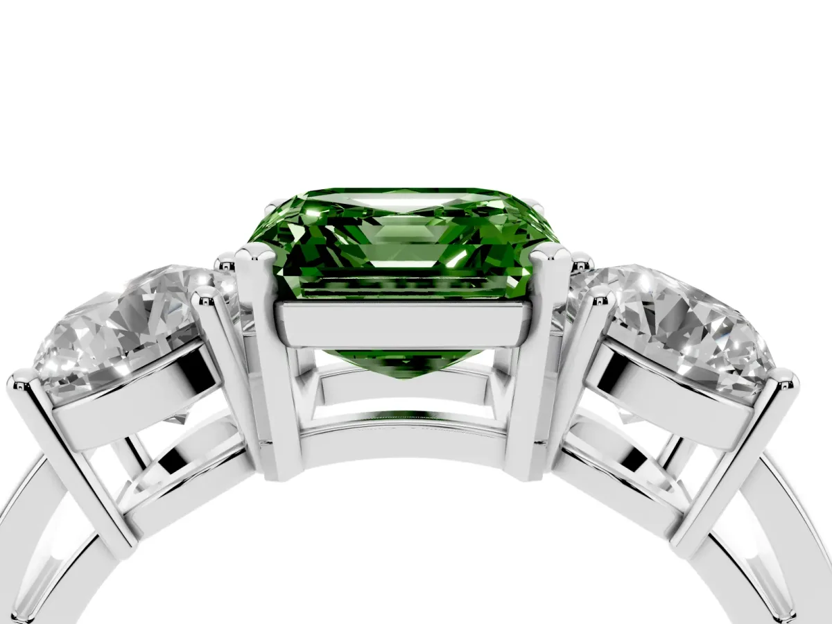 Fancy Green Three-Stone Asscher Cut Diamond Ring with Round Side Stones, Classic Band, and Four-Prong Setting Platinum