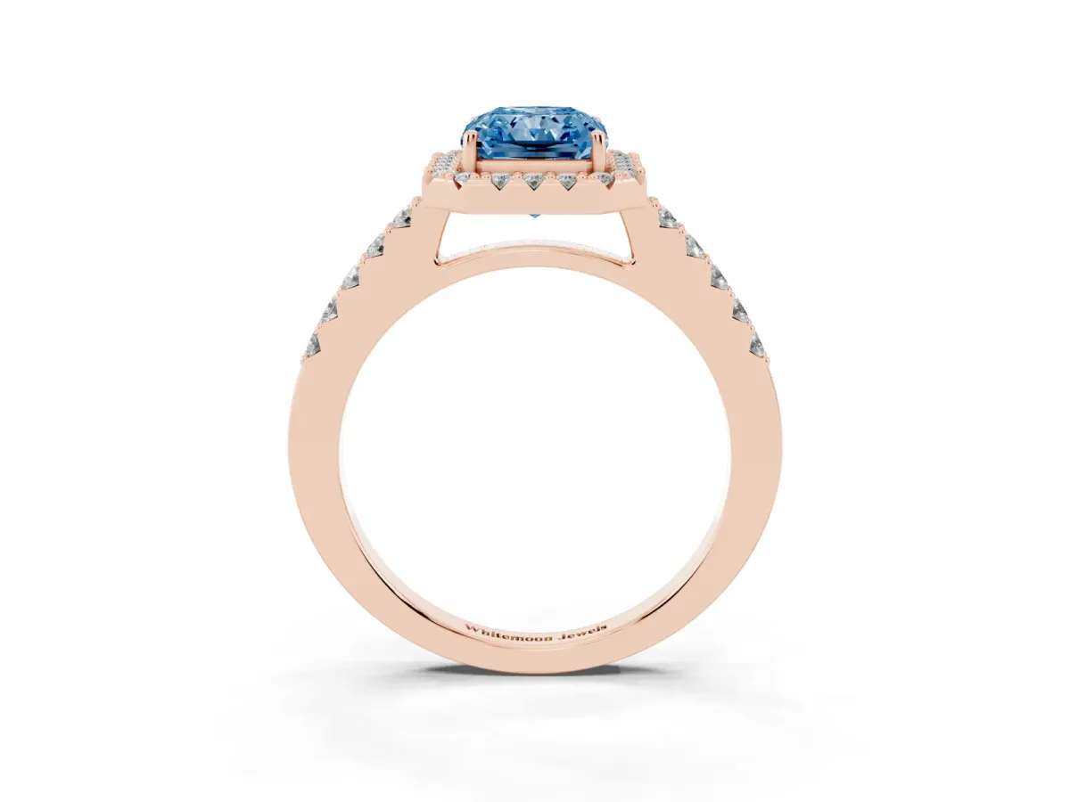 Fancy Blue Radiant Cut Halo Diamond Pavé Solitaire Ring Rose gold