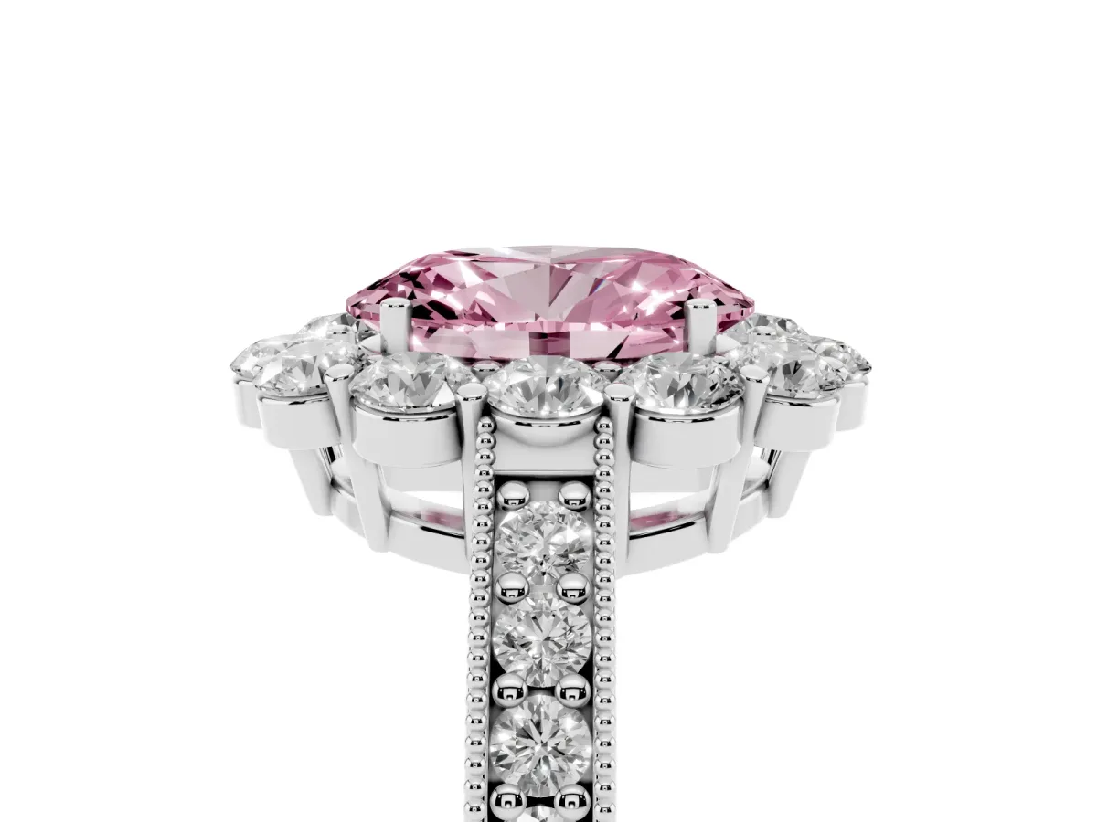 Fancy Pink Oval Cut Cut Halo Diamond Pavé Engagement Ring with Milgrain Detailing Platinum