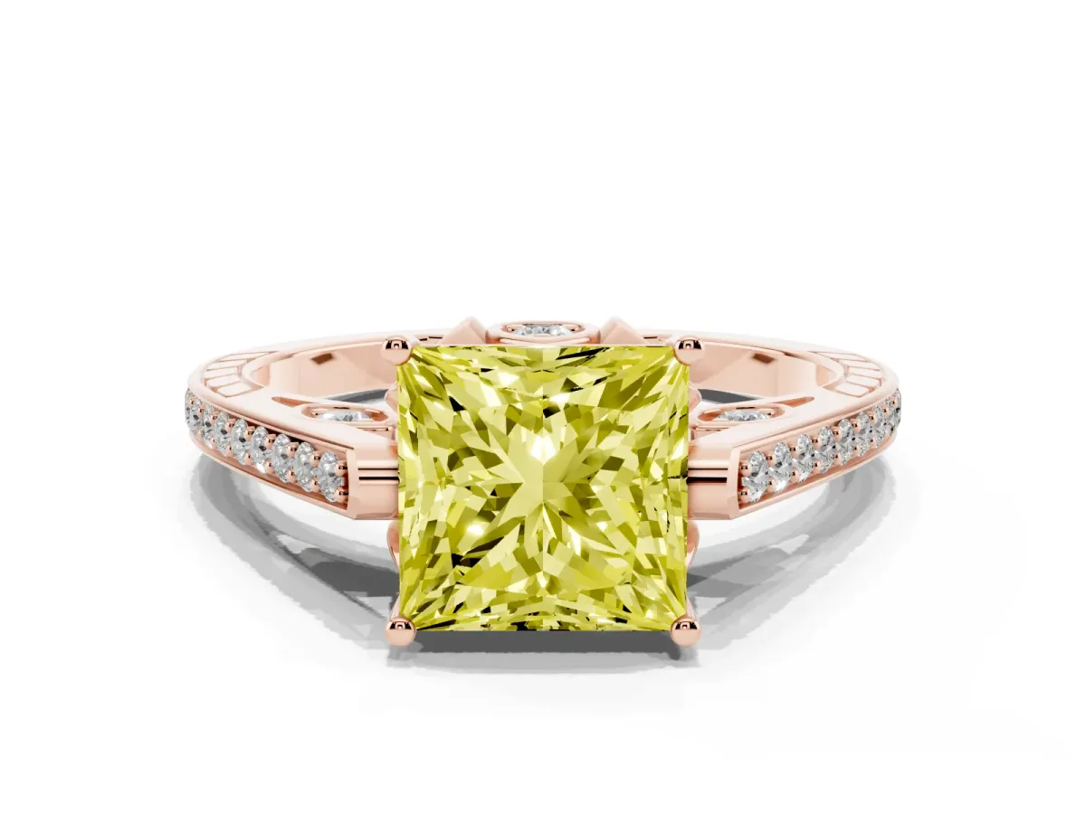 Fancy Yellow Princess Cut Cut Cathedral Pave Diamond Engagement Ring with Six-Prong Setting Rose gold