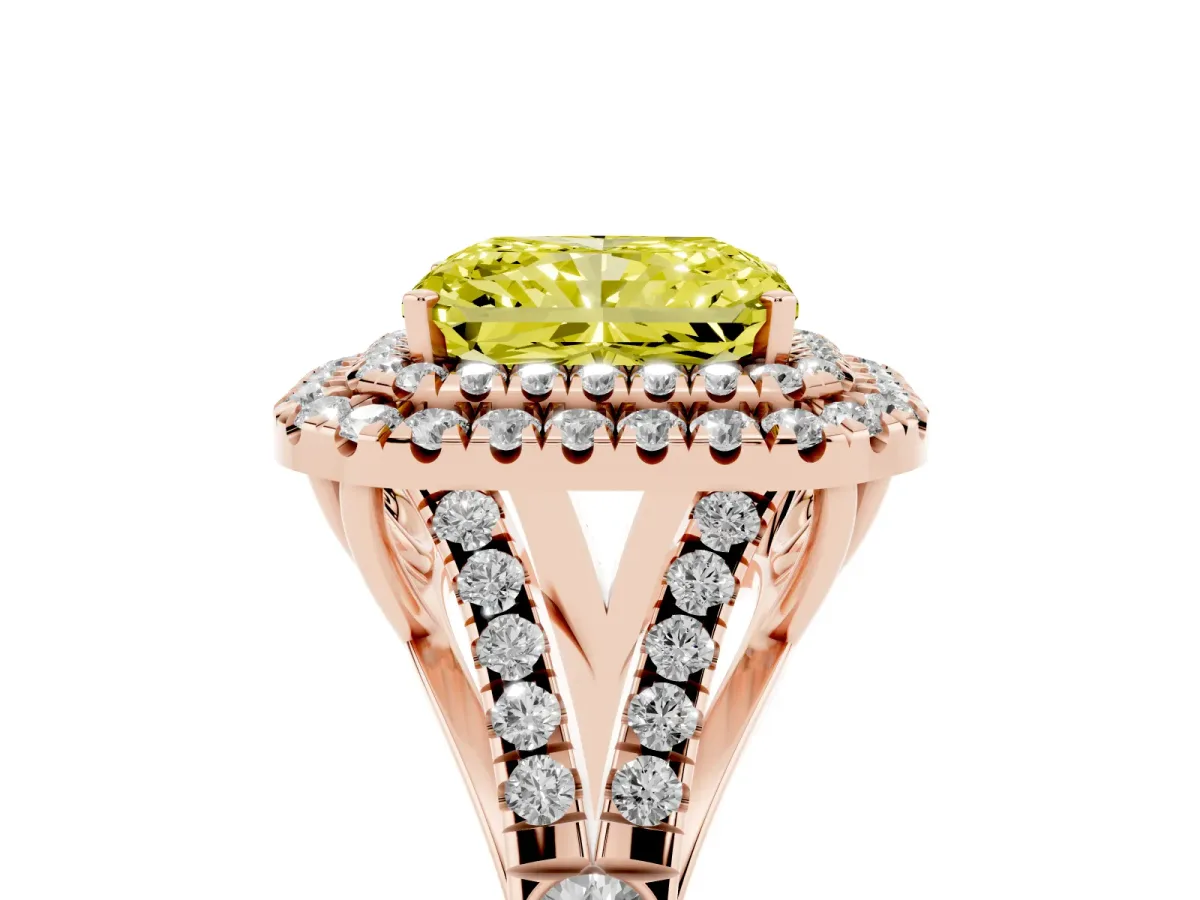 Fancy Yellow Radiant Cut Cut Double Halo Split Shank Diamond Ring with Prong Setting Rose gold