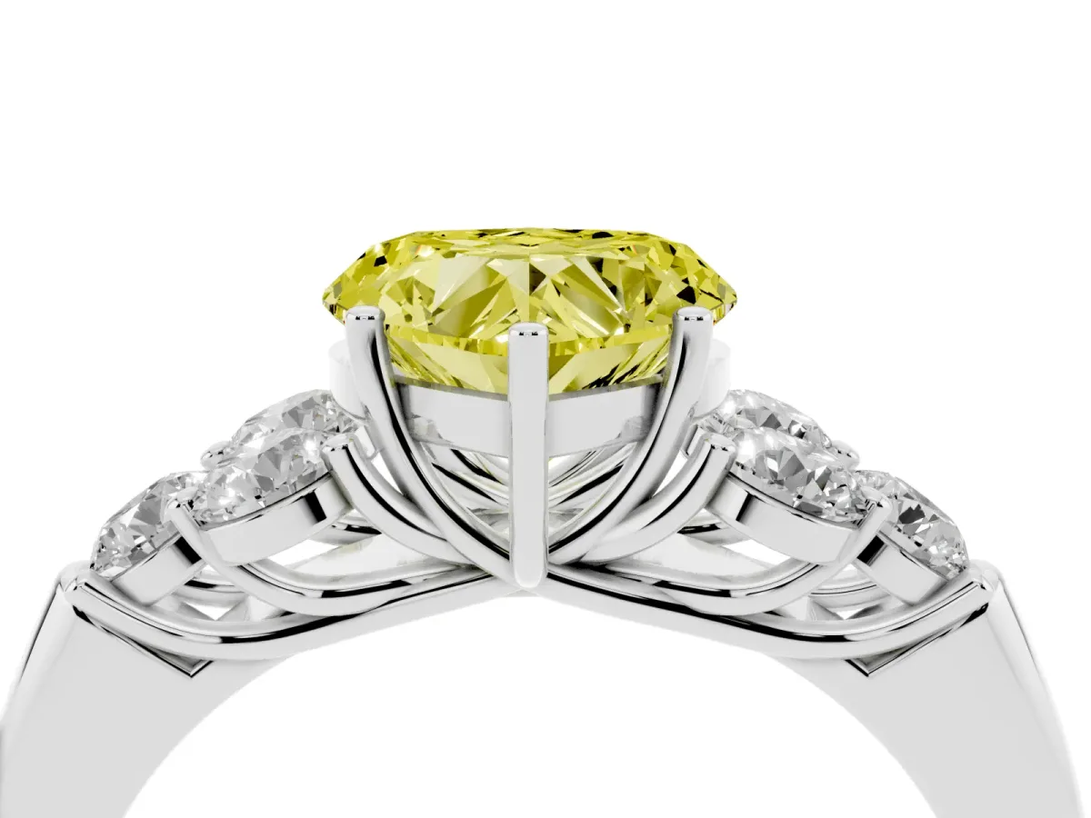 Fancy Yellow Heart Cut Cut Diamond Cluster Ring with Round Accent Stones and Prong Setting on a Classic Band White gold