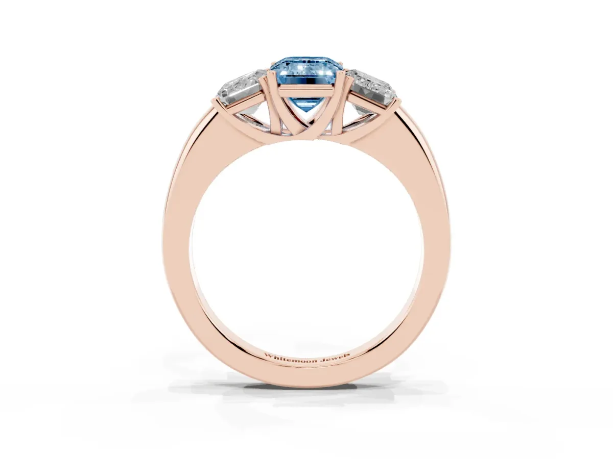 Fancy Blue Emerald Cut Diamond Three-Stone Ring with Four-Prong Setting and Classic Band Rose gold