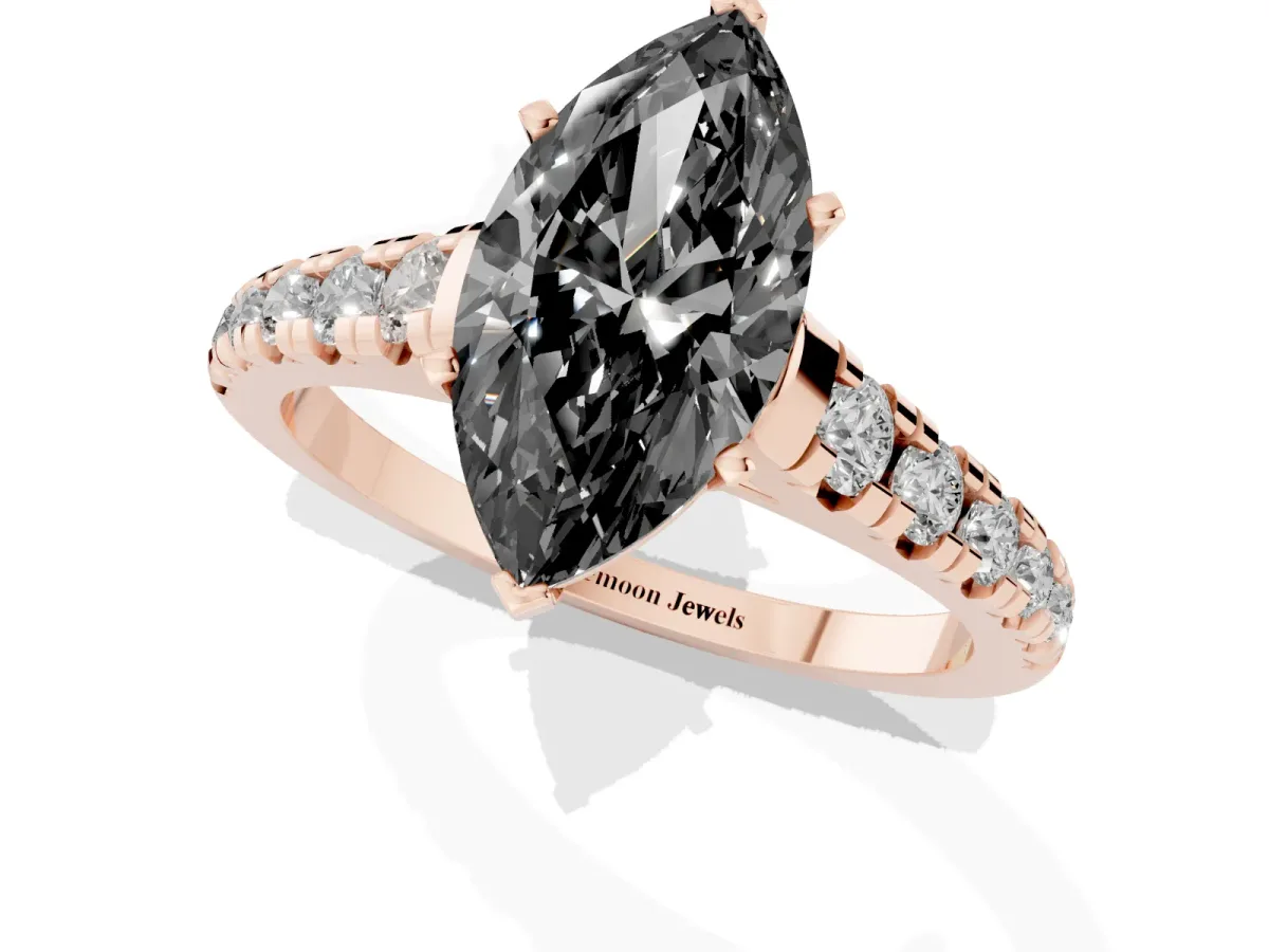 Fancy Black Marquise Cut Diamond Cathedral Solitaire Ring with Round Pavé Band Rose gold