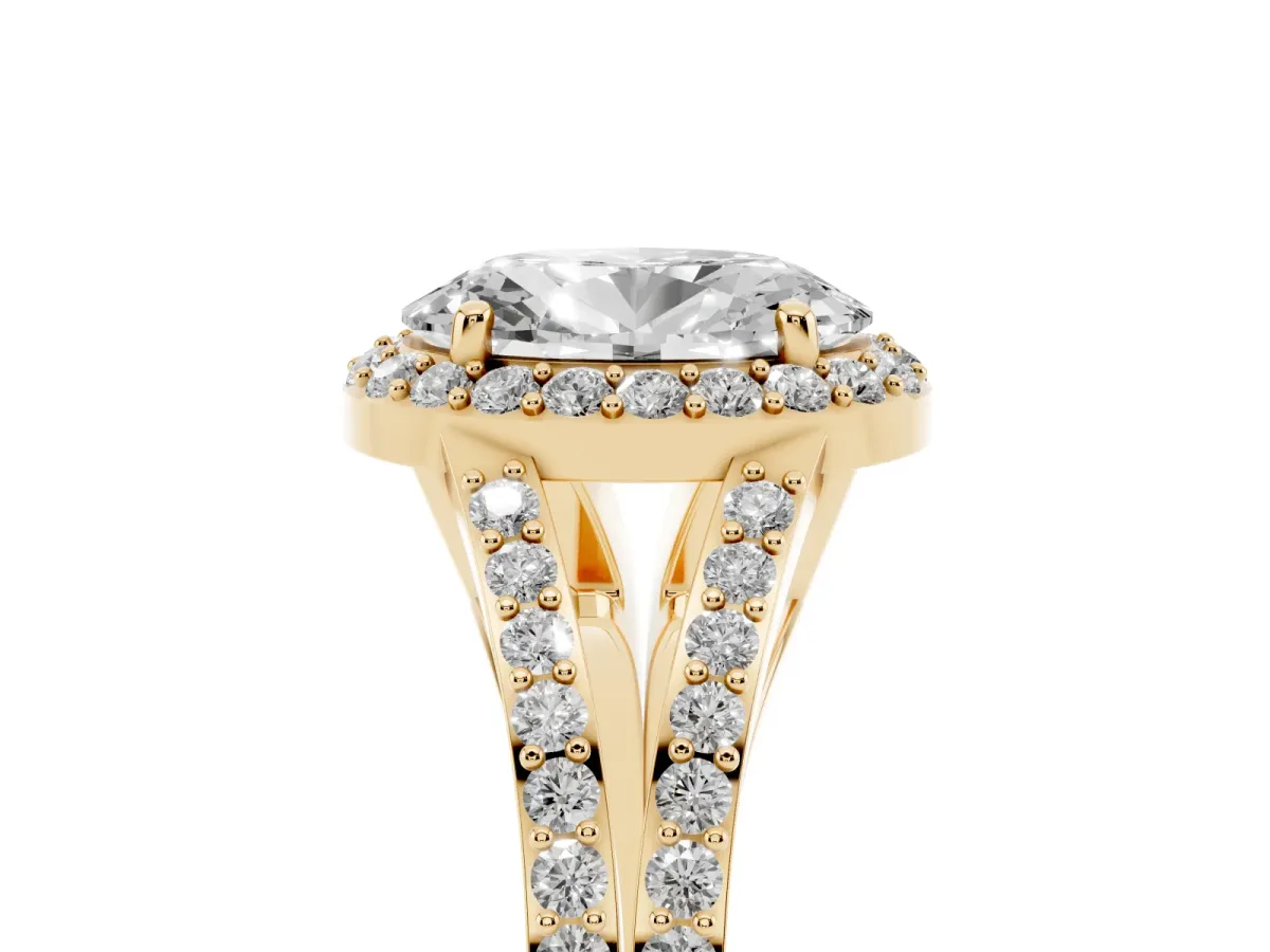Oval Cut Halo Split Shank Pave Diamond Ring with Four-Prong Setting Yellow gold