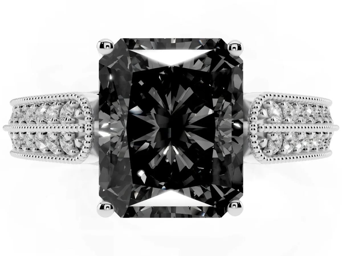 Fancy Black Radiant Cut Cut Pave Split Shank Engagement Ring with Four-Prong Setting White gold