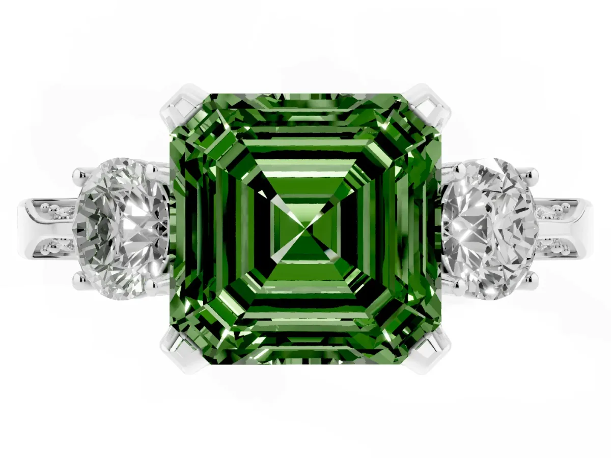 Fancy Green Asscher Cut Brilliant Three-Stone Diamond Ring with Pavé Band and Four-Prong Setting Silver