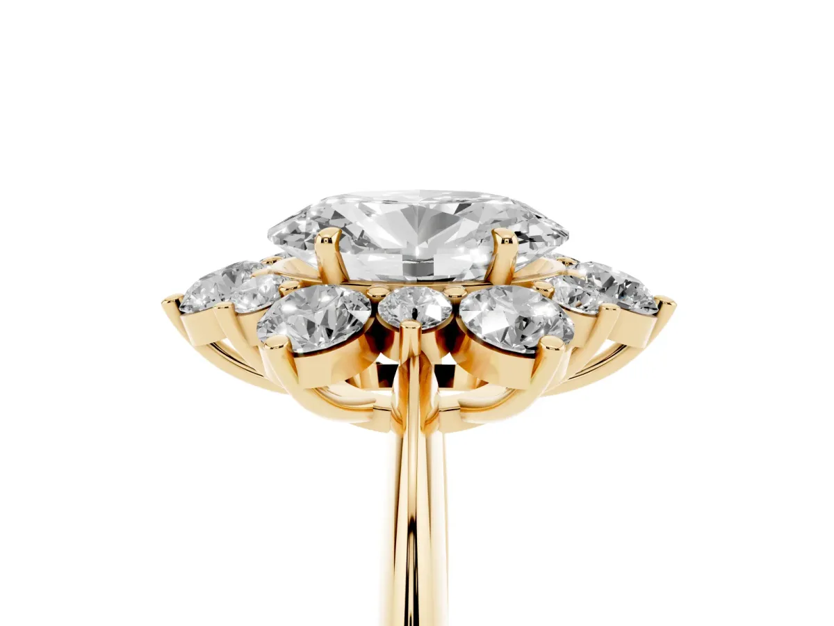 Oval Cut Diamond Cluster Halo Ring with Solitaire Band and Four-Prong Setting Yellow gold