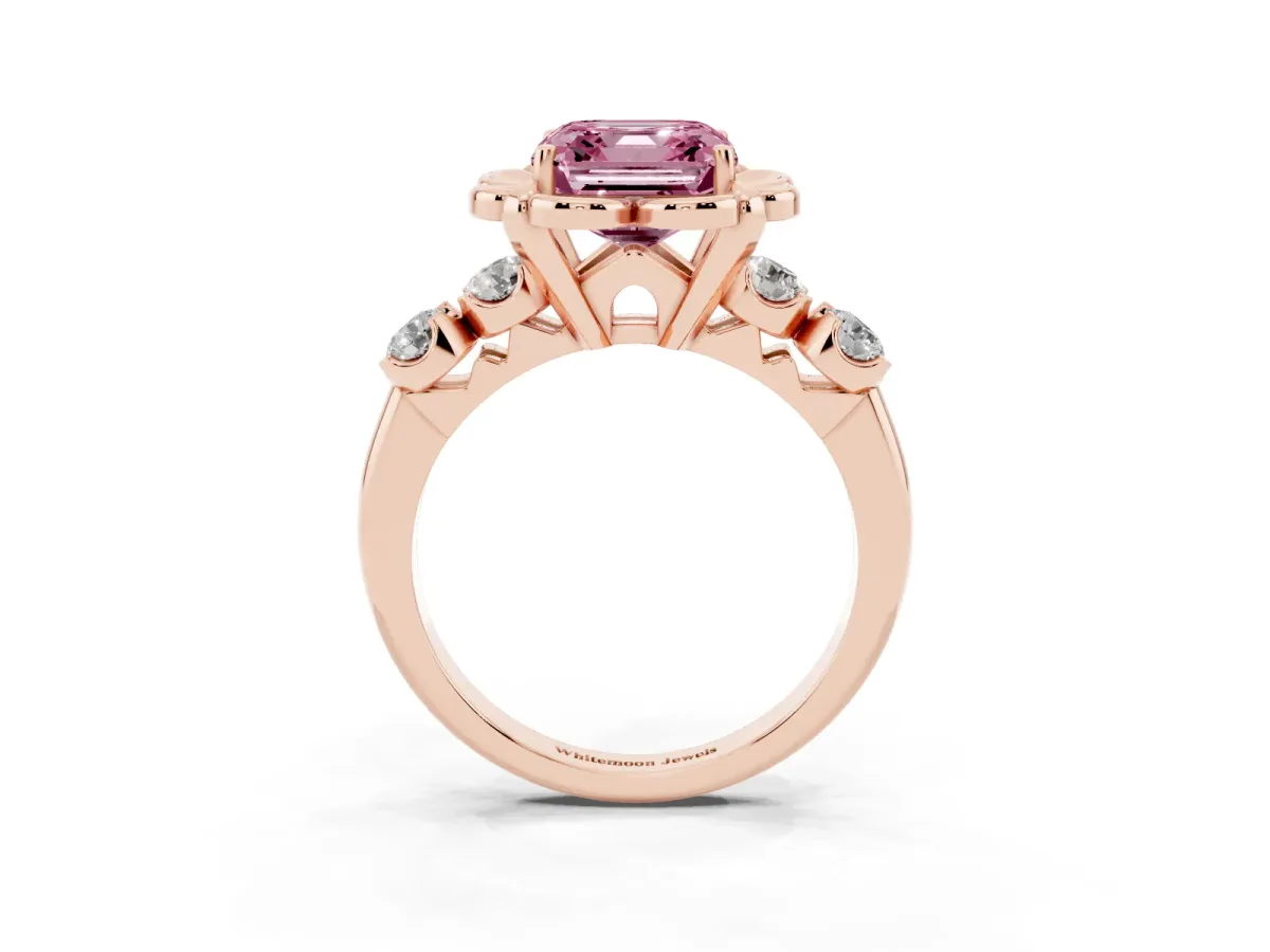 Fancy Pink Asscher Cut Cut Diamond Floral Halo Engagement Ring with Shared Prong Setting Rose gold