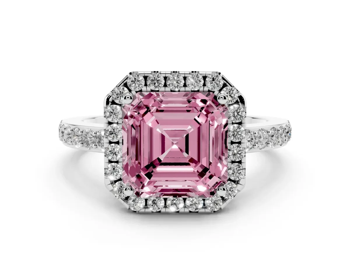Fancy Pink Asscher Cut Halo Diamond Pavé Band Ring with Prong Setting Silver
