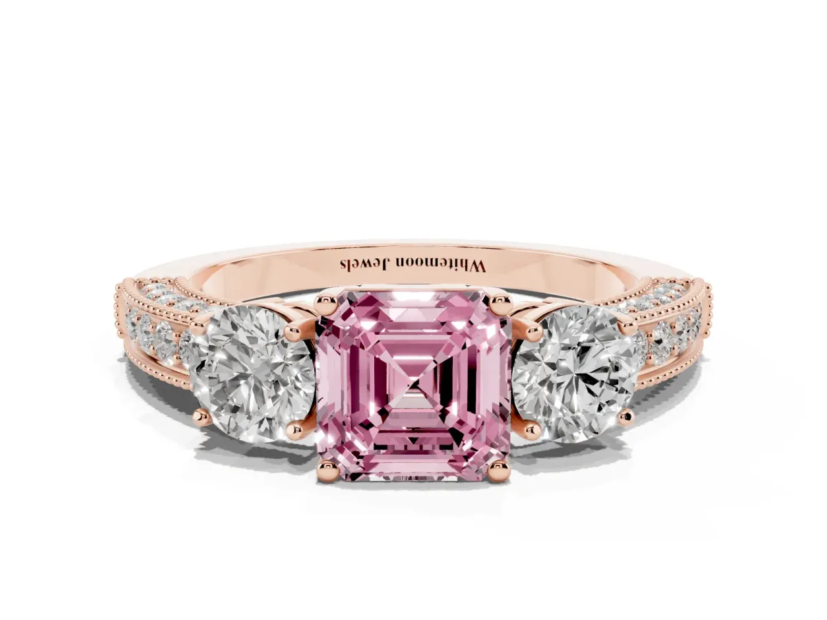 Fancy Pink Asscher Cut Three-Stone Diamond Ring with Pavé Band and Four-Prong Setting Rose gold