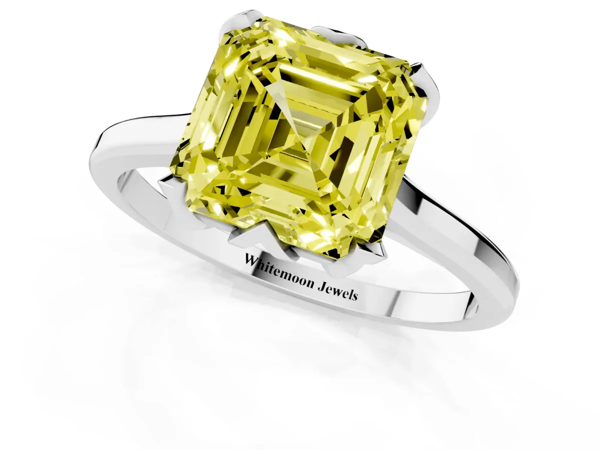 Fancy Yellow Asscher Cut Diamond Solitaire Ring with Flower Prong Setting and Classic Band Silver