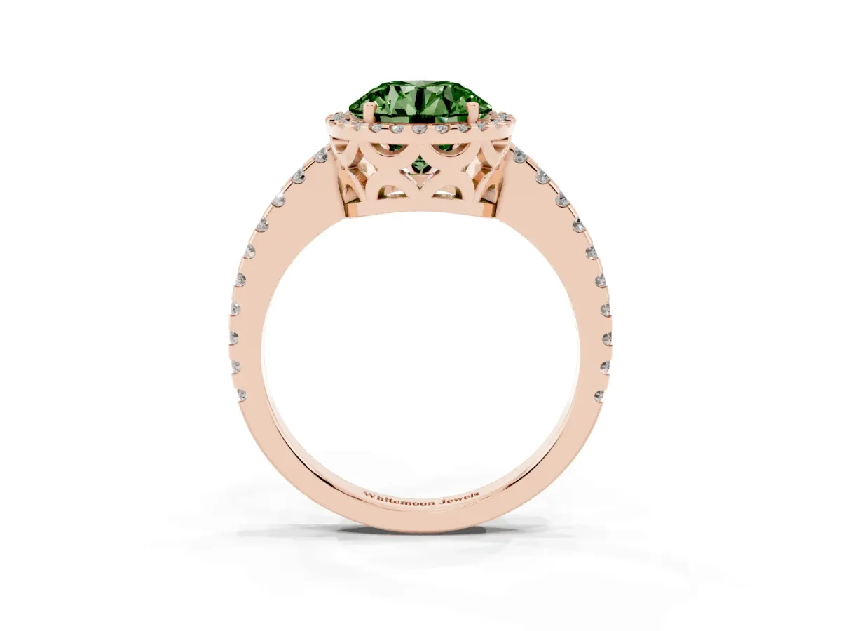 Fancy Green Round Cut Diamond Halo Engagement Ring with Pavé Band and Prong Setting Rose gold