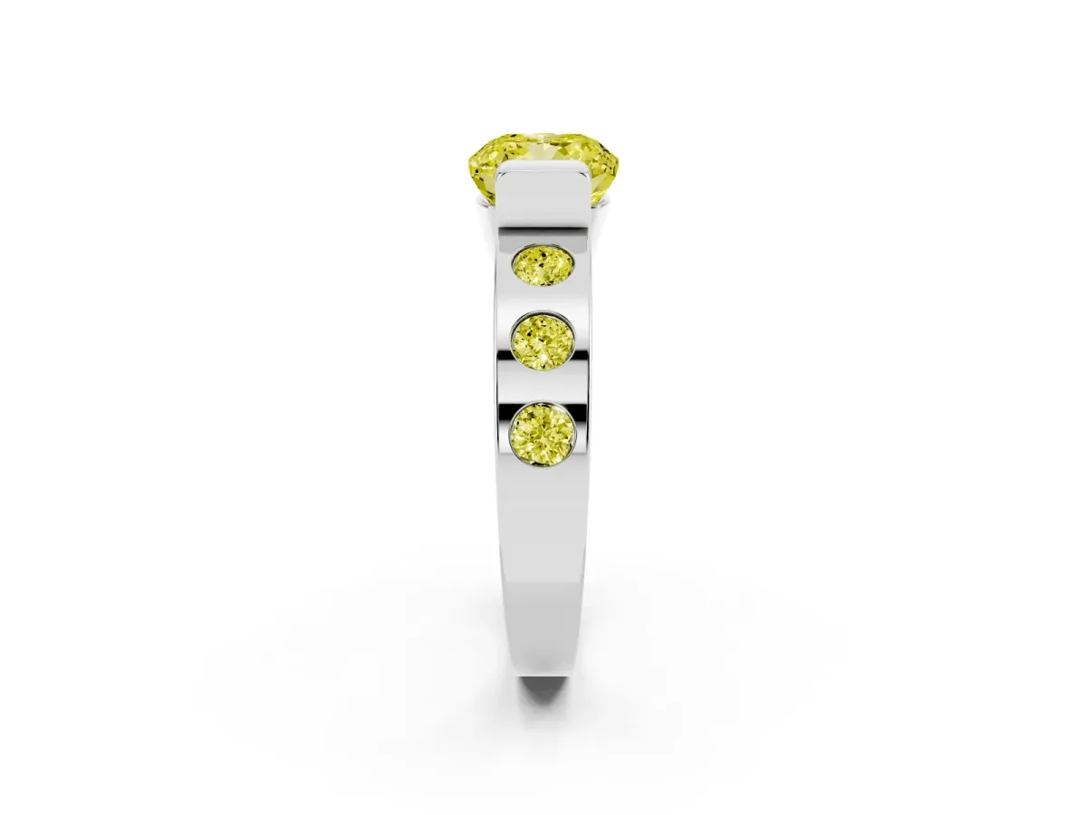 Fancy Yellow Cushion Cut Brilliant Channel-Set Diamond Ring with Bezel Prong Setting Silver