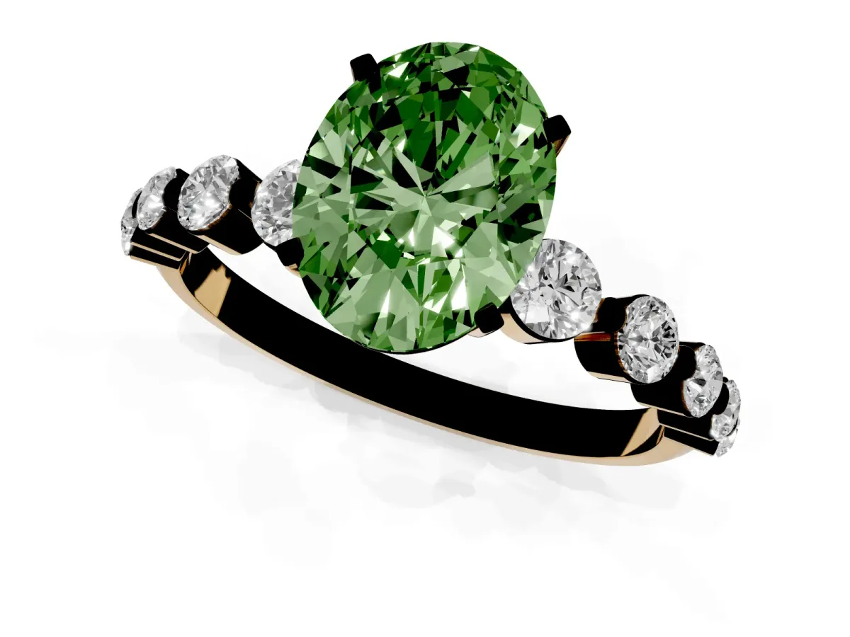 Fancy Green Oval Cut Solitaire Diamond Ring with Pave Band and Four-Prong Setting Yellow gold