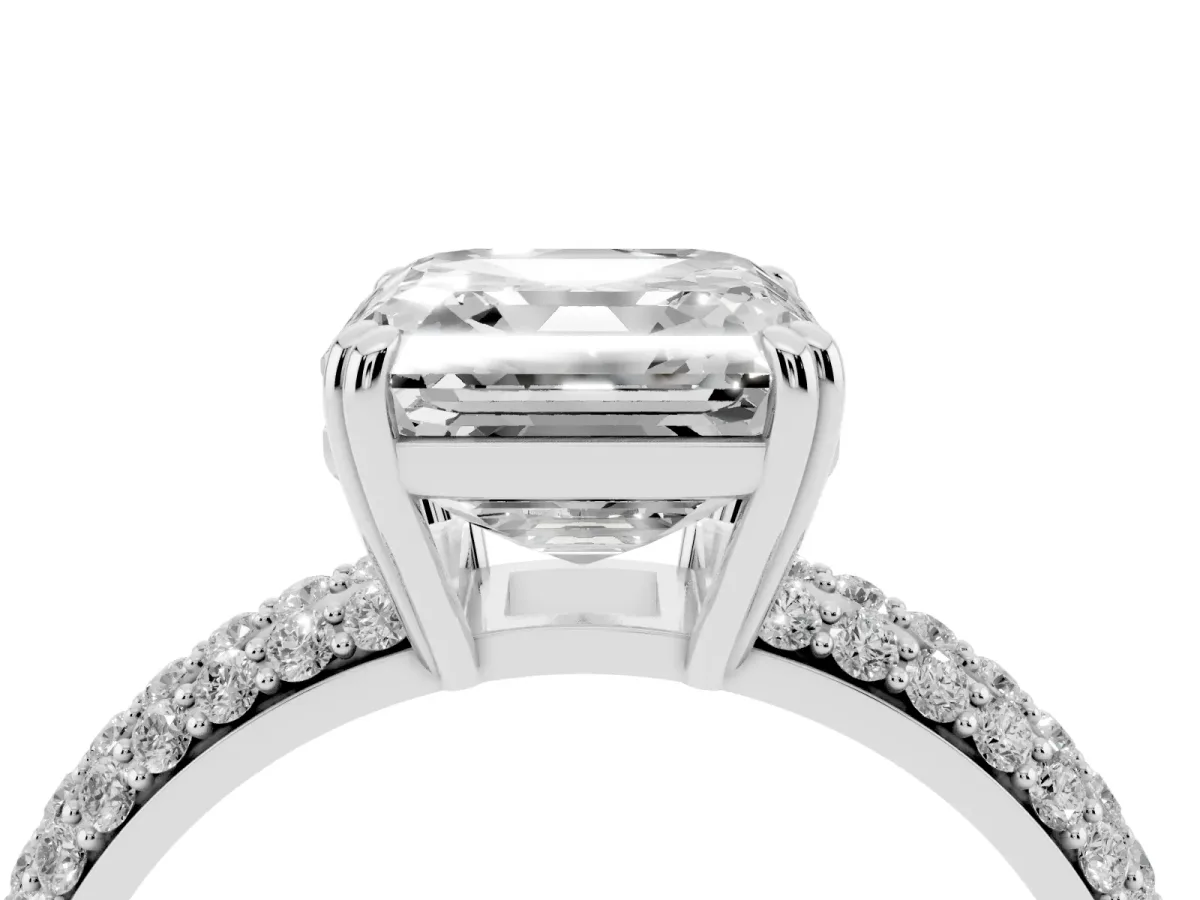 Asscher Cut Diamond Solitaire Ring with Multi-Row Round Pavé Band and Prong Setting Silver